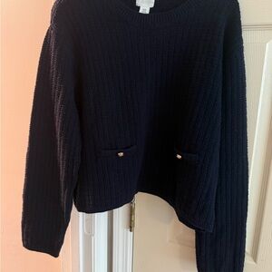 H&M Navy Ribbed Crewneck Sweater with Pocket Accents